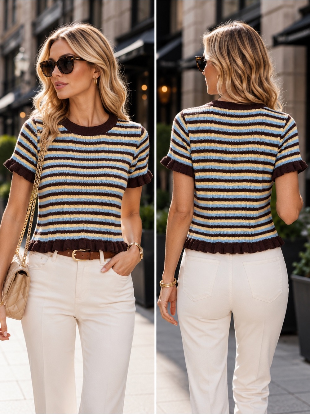 Zara Striped Ruffle Hem Rib Knit Top Brown Blue Yellow Short Sleeve NWT M